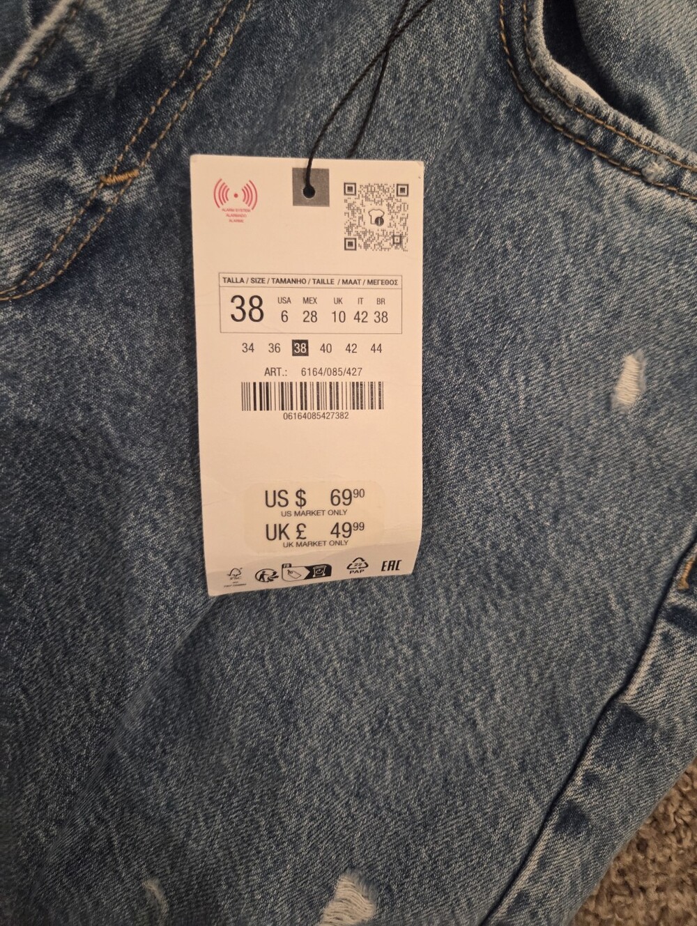 ZARA Light Blue Distressed Wide-Leg Ripped Jeans - Picture 2 of 6